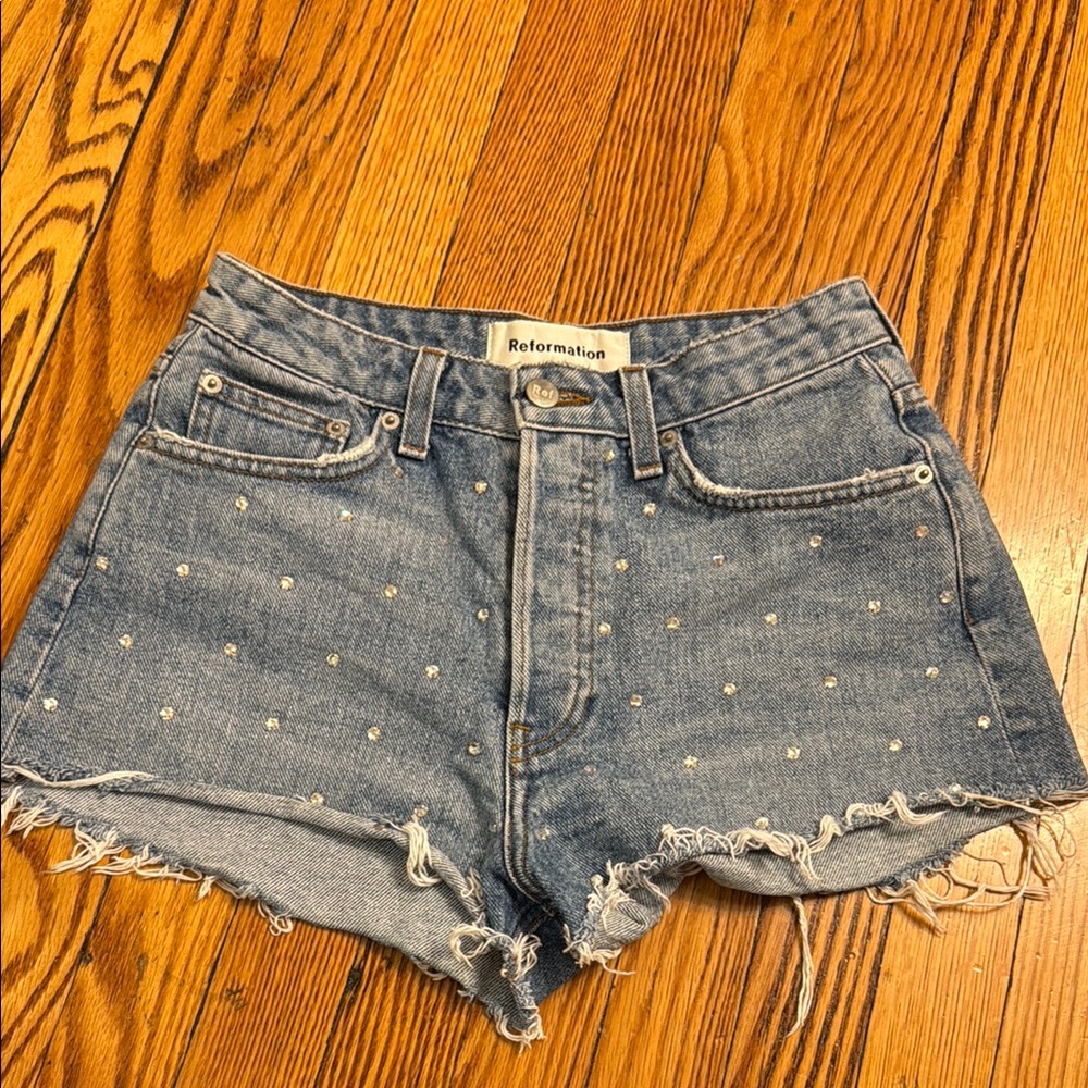 Reformation Studded Blue Jean Shorts